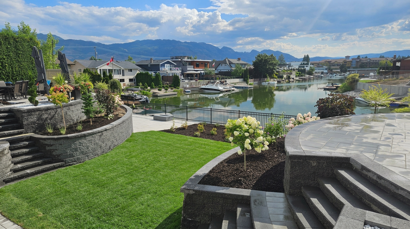 Modern waterfront yard with stone retaining walls, curved patios, green lawn, and planted gardens